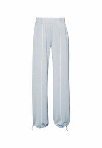 Pantaloni sportivi azzurri chiari con una cintura elastica, strisce laterali bianche e polsini a sigaretta. Realizzati in tessuto morbido ed elasticizzato.