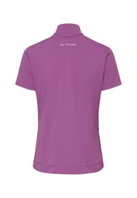 Maillot de sport violet à manches courtes avec col montant, logo Vaude en haut du dos, et tissu texturé subtil, vu de dos.