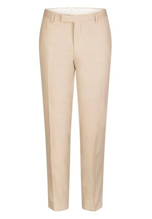 Beige maßgeschneiderte Hose mit glatter Textur, schlankem Schnitt und vorderer Bügelfalte. Verfügt über Gürtelschlaufen und Seitentaschen.