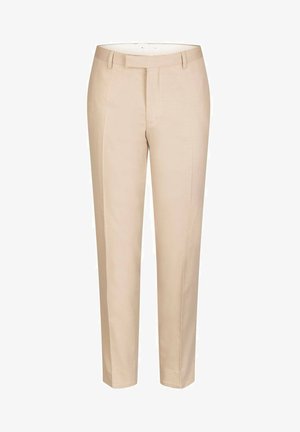 Beige maßgeschneiderte Hose mit glatter Textur, schlankem Schnitt und vorderer Bügelfalte. Verfügt über Gürtelschlaufen und Seitentaschen.