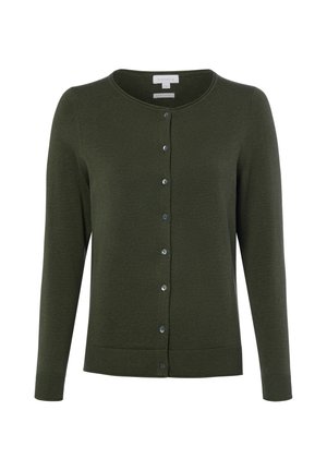 Donkergroene button-up cardigan met lange mouwen, ronde hals en geribbelde manchetten en zoom, weergegeven op een witte achtergrond.