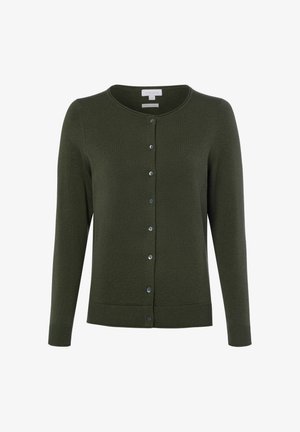 Dunkelgrüner Langarm-Cardigan mit Knopfleiste, rundem Ausschnitt und gerippten Bündchen und Saum, gezeigt vor weißem Hintergrund.