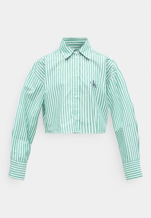 Zelená a bílá vertikálně pruhovaná dlouhý rukáv krátký top s knoflíkovým zapínáním vpředu a malým logem "CK" na levé straně hrudi.