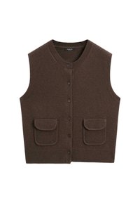 Gilet en tricot marron avec un col rond, des boutons sur le devant et deux poches avant. Tissu texturé avec un ourlet côtelé et des bords de poche.