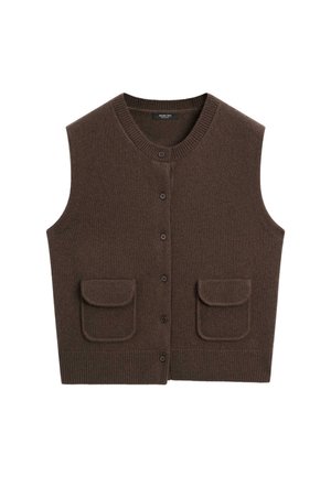 Bruine gebreide vest met een ronde halslijn, knopen aan de voorkant en twee zijzakken. Geweven stof met een geribde zoom en geribbelde rand van de zakken.