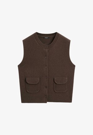 Braun gestrickte Weste mit Rundhalsausschnitt, vorderen Knöpfen und zwei Vordertaschen. Texturiertes Gewebe mit geripptem Saum und Taschenkanten.