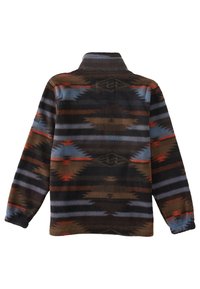 Pullover in pile con colletto alto, caratterizzato da un motivo geometrico nei toni del marrone, blu e arancione. Texture morbida con polsini elasticizzati.