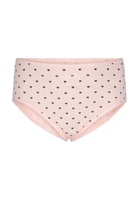 Pink cotton briefs with a quilted pattern and small black bow accents. Features the word "MONDAY" printed in white on the front.