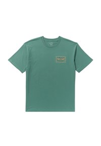 Groene t-shirt met korte mouwen, gemaakt van zachte katoen. Bevat een rechthoekige afbeelding met de tekst "BILLA BONG" omringd door bloemmotieven.