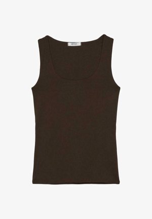 Sleeveless dark brown ribbed tank top with a scoop neckline, displayed flat without patterns or additional details.