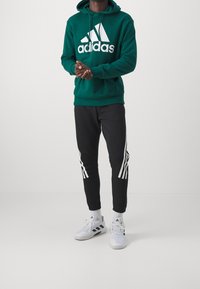 Sudadera verde con el logo de Adidas en blanco y tres rayas. Pantalones negros con rayas laterales blancas. Zapatillas blancas con acentos negros.