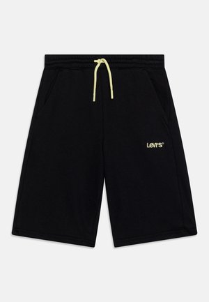 Sorte Levi's-shorts med gul snøre, elastisk taljebånd, sidelommer og lille Levi's-logo på højre ben.