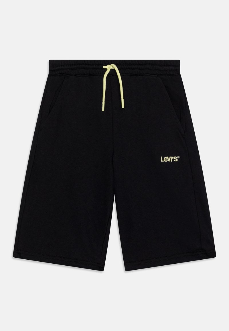 Shorts noirs Levi's avec cordon de serrage jaune, taille élastique, poches latérales et petit logo Levi's sur la jambe droite.