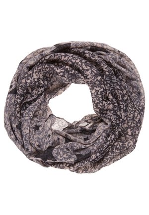Écharpe boucle légère avec motifs floraux et étoiles noirs et gris, en tissu transparent, disposée en forme circulaire.
