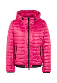 Bright pink quilted jacket with hood, black zipper, and zippered side pockets, designed for cold weather.