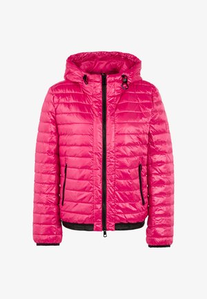 Bright pink quilted jacket with hood, black zipper, and zippered side pockets, designed for cold weather.