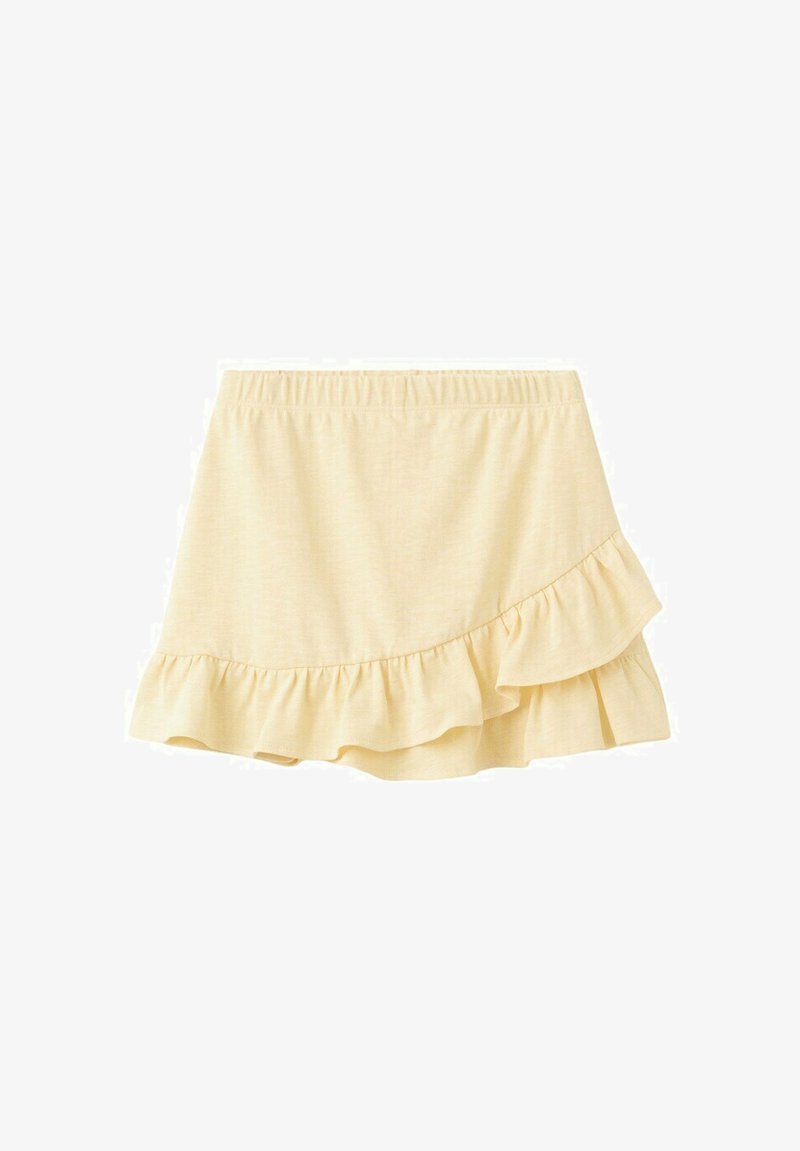 Mini-jupe beige clair avec taille élastique et ourlet asymétrique à volants.
