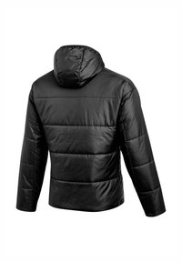 Schwarze Steppjacke mit Kapuze, ausgestattet mit einem gesteppten Design, glatter Textur und langen Ärmeln. Die Rückansicht zeigt eine leicht kürzere Silhouette.