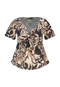 Kurze Bluse in Beige mit schwarz-braunen Blattmustern. V-Ausschnitt-Design mit Raffung in der Taille, leichtes strukturiertes Material.
