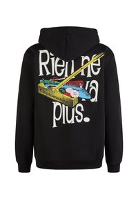 Schwarzer Hoodie mit großem Grafikmotiv auf der Rückseite, das farbenfrohe Gegenstände und den Text "Rien ne va plus" zeigt. Weiches Material mit lockerer Passform.