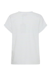 Chemise blanche à manches courtes avec fines rayures horizontales bleu clair, vue de dos, dotée d'un col rond et de revers roulés.