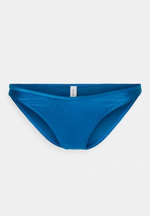 Blue ribbed bikini bottom with a smooth texture, featuring a low-rise design and minimal coverage. Label visible on the interior seam.