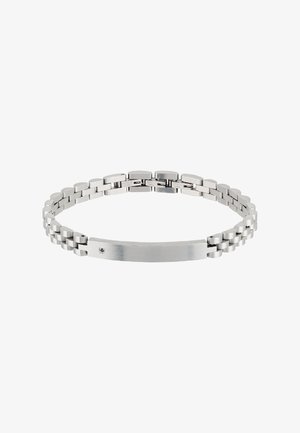 Stålarmbånd i rustfrit stål med en glat, poleret overflade, der har sammenkoblede ovale og runde sektioner samt et fladt, rektangulært midte.