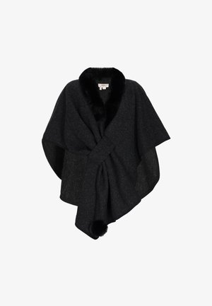 Poncho in misto lana nera con colletto in pelliccia sintetica e dettagli con pompon, caratterizzato da un'apertura frontale e un design drappeggiato per una vestibilità comoda.
