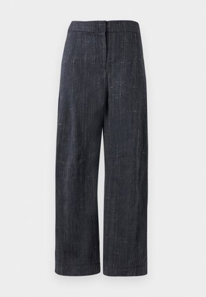 Pantaloni grigi scuri a gamba larga con una sottile trama testurizzata, vita alta e chiusura anteriore nascosta.