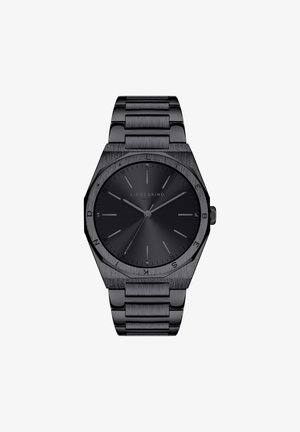 Orologio in acciaio inox nero con quadrante ottagonale, dial minimalista nero, indicatori delle ore argentati e un elegante bracciale in metallo spazzolato.
