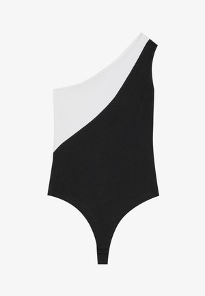Ein Ein-Schulter-Badeanzug mit einem Blockfarben-Design, bei dem eine Seite schwarz und die andere weiß ist. Hergestellt aus glattem Stoff mit einem frechen Schnitt.