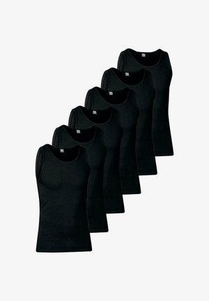 Seks sorte tanktops lavet af bomuld, med rund hals og uden ærmer, med en glat tekstur og minimalistisk stil.