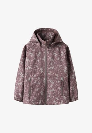 Jachetă cu glugă pentru copii, culoare mov pal, cu model floral alb, fermoar frontal, manșete elastice și două buzunare laterale cu fermoar.