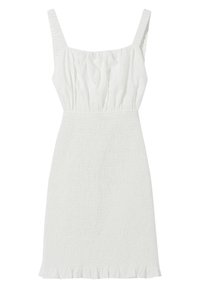 Bílé šaty se smockovanou texturou, čtvercovým výstřihem a tenkými, volánkovými ramínky. Přiléhající pas a mírně rozšířený lem.