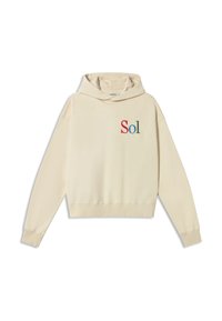 Cream-colored cropped hoodie made of soft fabric. Features a front embroidered “Sol” in red and blue. Includes drawstring hood and ribbed cuffs.