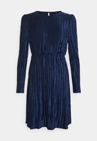 Abito blu navy realizzato in tessuto plissettato e lucido, con maniche lunghe, scollo rotondo e vita elastica per una silhouette aderente.