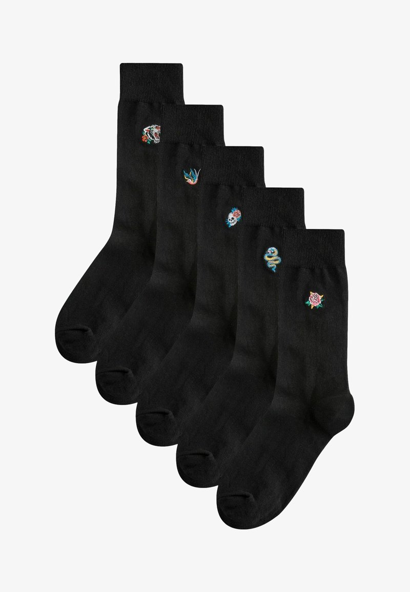 Fünf schwarze Crew-Socken, jeweils mit einem kleinen bunten bestickten Design: Tiger, Vogel, Totenkopf, Schlange und Rose nahe dem Bündchen.