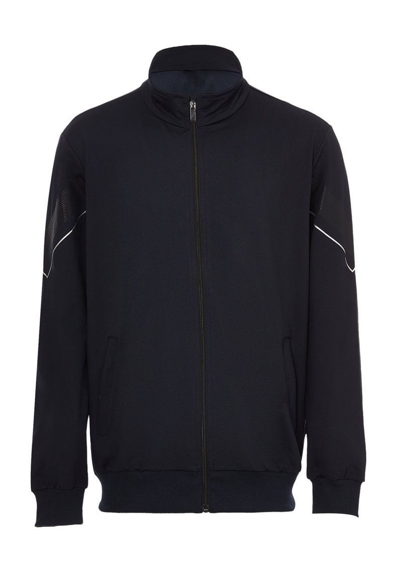 Marineblaue Zip-Jacke mit hohem Kragen, gerippten Bündchen und Seitentaschen; mit strukturierten Akzenten an den Ärmeln und kontrastierendem weißen Stich.