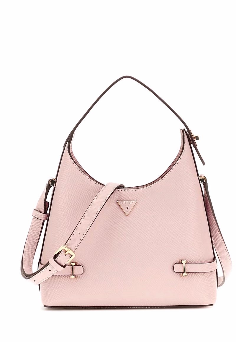 Borsa a tracolla in pelle rosa con silhouette curva, dettagli in metallo dorato e tracolla regolabile. Presenta un'icona triangolare.