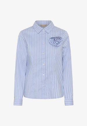 Light blue button-up blouse with white and navy vertical stripes, long sleeves, a collar, and a fabric flower detail on the left chest.