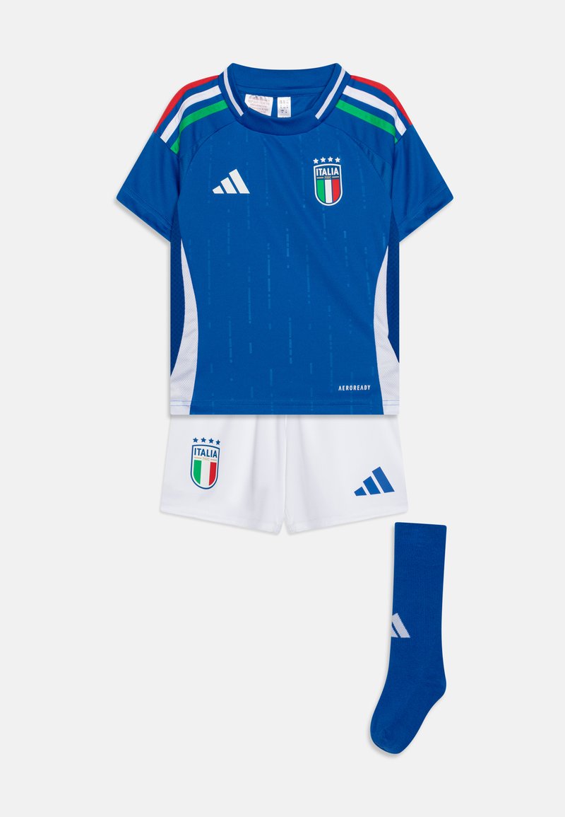 Blue soccer jersey with green and red stripe accents, featuring an Italy emblem. White shorts and blue socks with Adidas logo. Lightweight fabric.