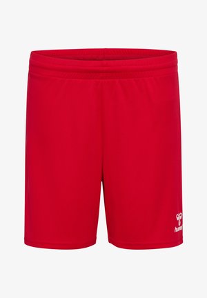 Rote sportliche Shorts aus leichtem Stoff, mit einem elastischen Bund und einem weißen Logo auf der unteren rechten Seite.