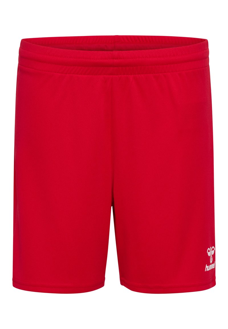 Rote sportliche Shorts aus leichtem Stoff, mit einem elastischen Bund und einem weißen Logo auf der unteren rechten Seite.