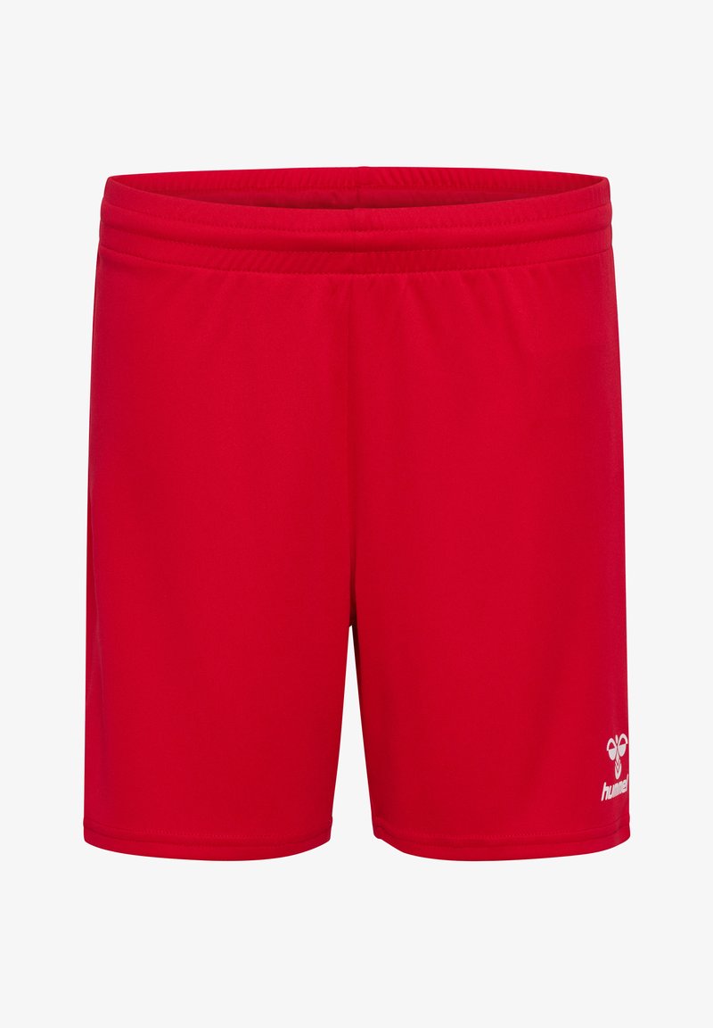 Rote sportliche Shorts aus leichtem Stoff, mit einem elastischen Bund und einem weißen Logo auf der unteren rechten Seite.