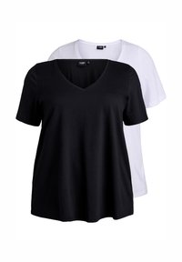 Zizzi FLASH - 2ER-PACK MIT V-AUSSCHNITT - Lihtne T-särk - black white