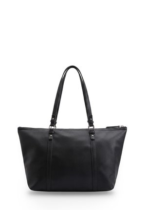 Borsa tote in pelle nera con due manici lunghi e chiusura a zip, mostrata su sfondo bianco.