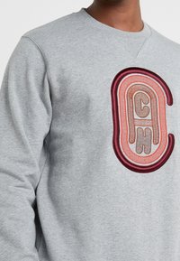Sudadera de algodón gris con un gran logotipo bordado en tonos burdeos y naranjas, con forma circular y detalles texturizados.