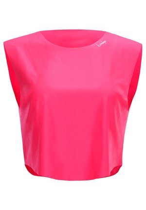 Krátký růžový crop top s kulatým výstřihem a širšími průramky, vyrobený z hladkého, lesklého materiálu. Obsahuje malé logo v horním levém rohu.