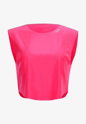 Kurzes, pinkes Crop-Top mit rundem Halsausschnitt und weiten Armausschnitten, aus glattem, glänzendem Stoff gefertigt. Verfügt über ein kleines Logo auf der oberen linken Seite.