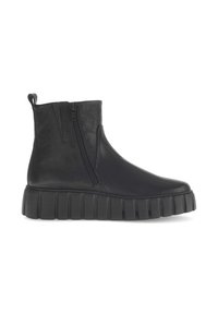 Schwarze Leder-Stiefeletten mit seitlichem Reißverschluss, gerippter Gummisohle und einer Zuglasche. Glatte Textur und modernes Design mit einem gestapelten Absatz.